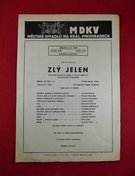 Zlý jelen - Městské divadlo na král. Vinohradech 14. V. 1949, plakát A4