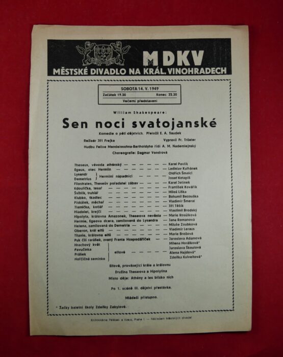 Sen noci svatojanské - Městské divadlo na král. Vinohradech 14. V. 1949, plakát A4