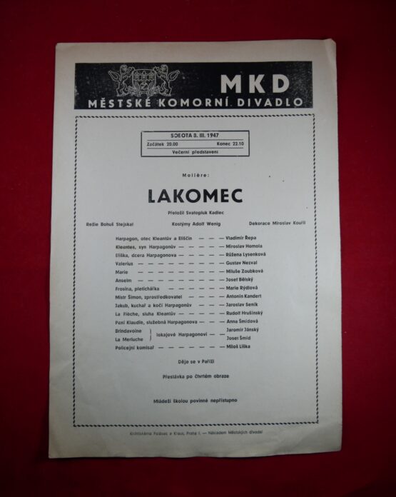 Lakomec - Městské komorní divadlo 8. III. 1947, plakát A4