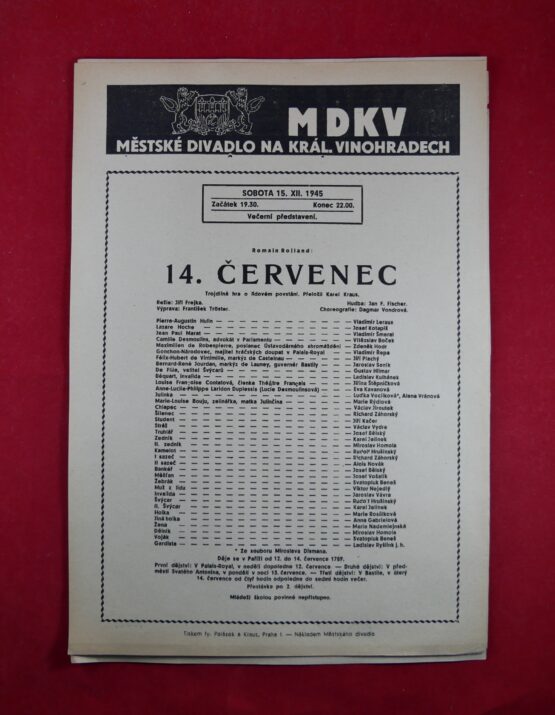 14. červenec - Městské divadlo na král. Vinohradech 15. XII. 1945, plakát A4