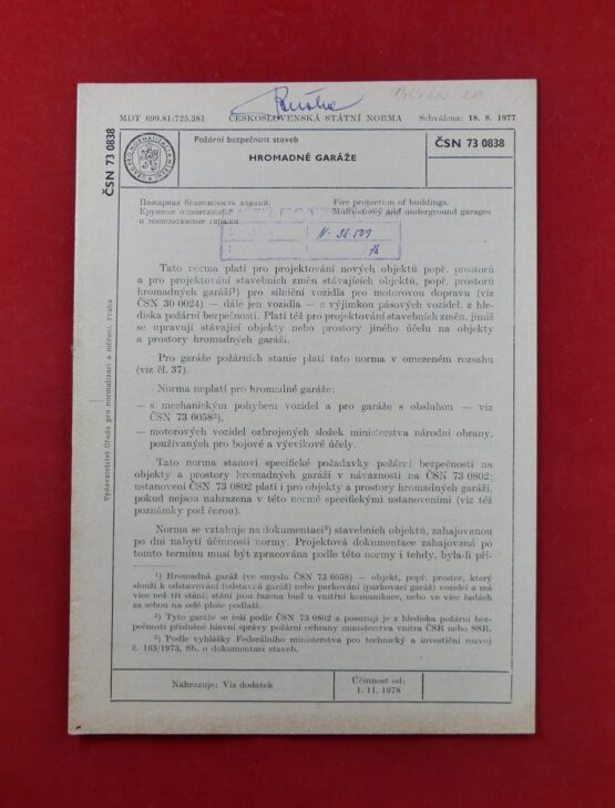 Československá státní norma - Požární bezpečnost staveb, Hromadné garáže - ČSN 73 0838